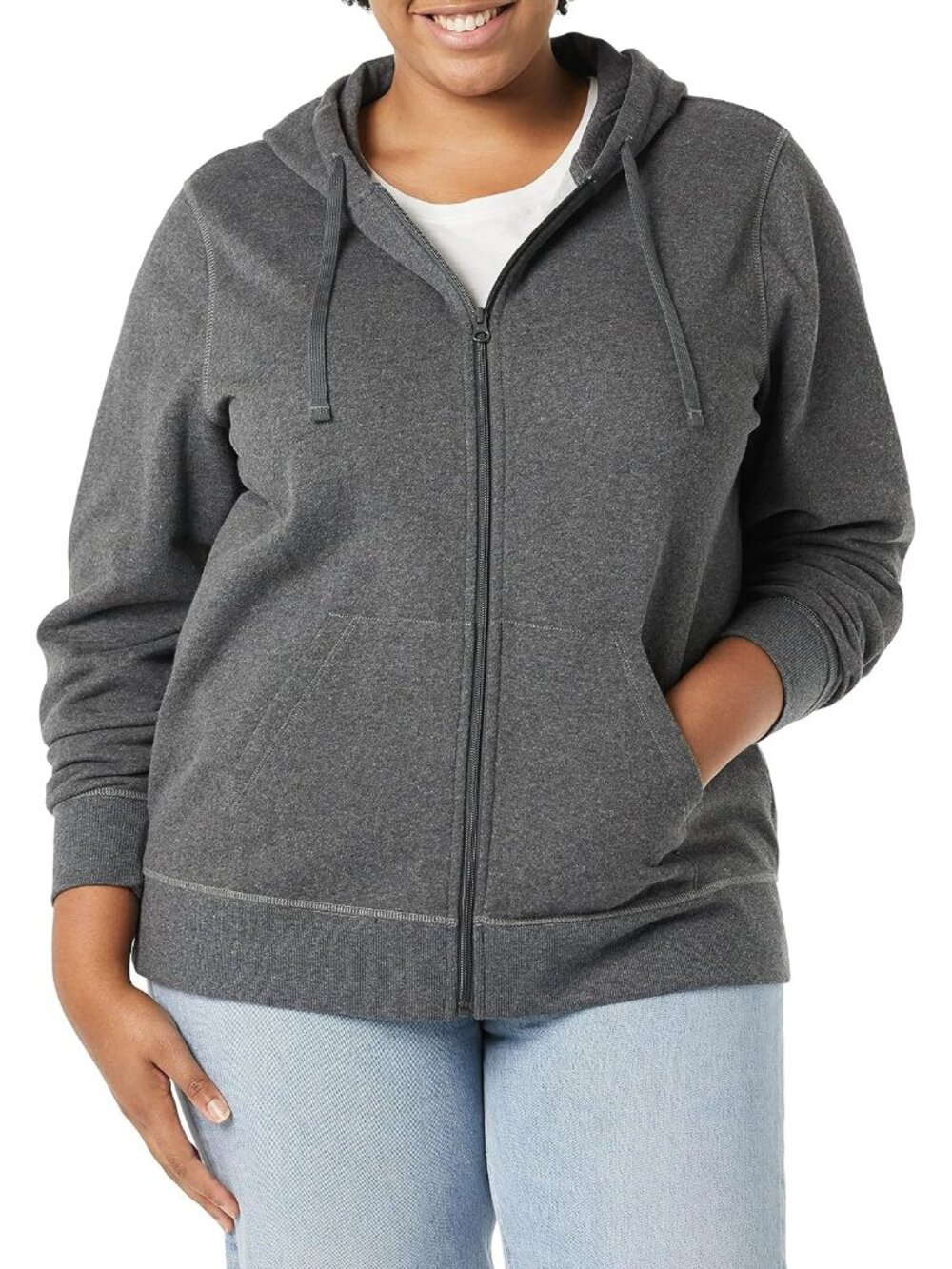 Women Charcoal Heather French Fleece Midweight Full Zip Hoodie With Drawstring